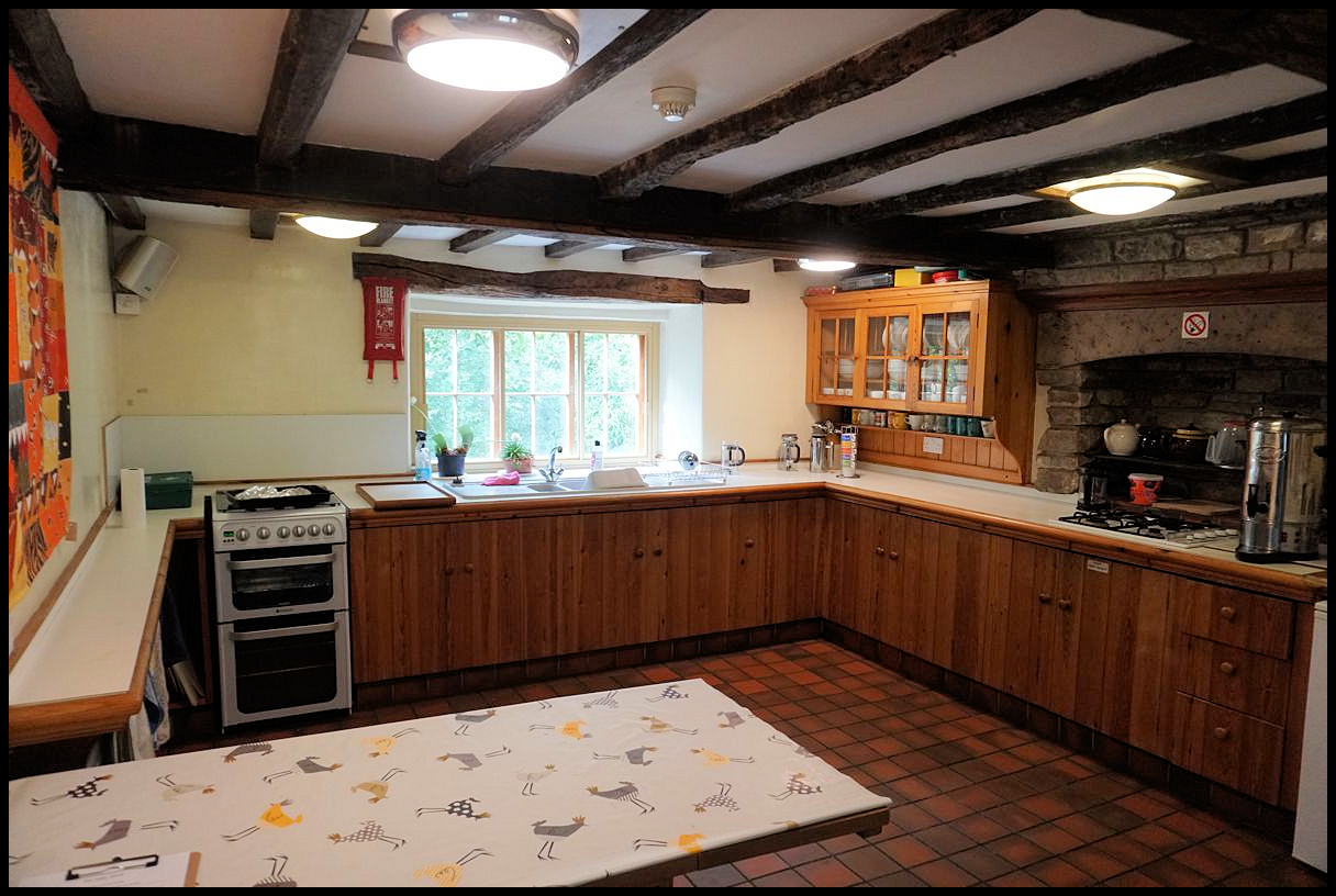 kitchen with counter space all around, a window in the back, and an old fireplace behind the stovetop